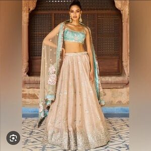Lashkaraa Golden Beige and Dusty Teal Embroidered Lehenga